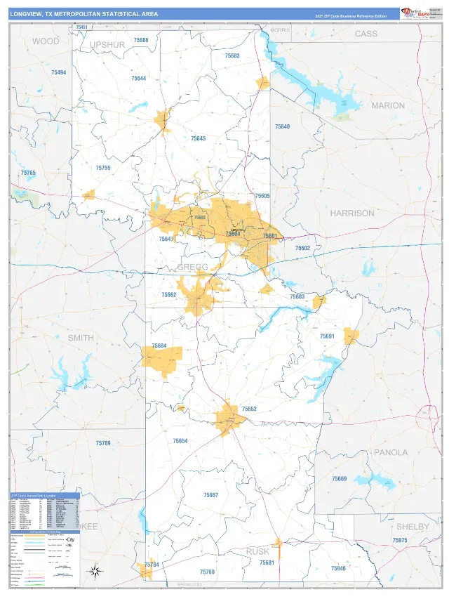 Longview Metro Area ZIP Code Wall Map, Business Reference style