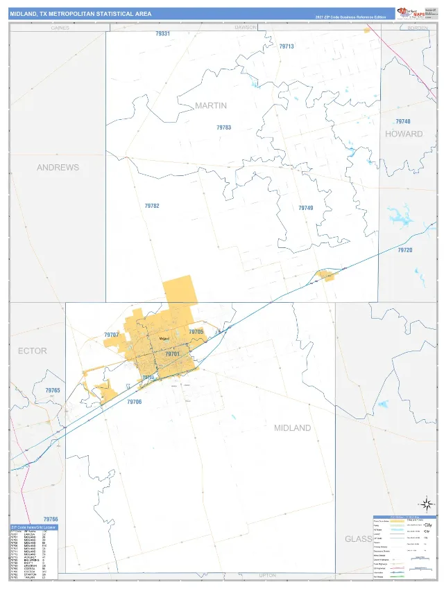 Midland Metro Area ZIP Code Wall Map, Business Reference style