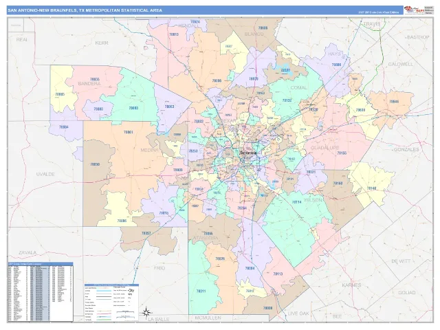 San Antonio-New Braunfels Metro Area ZIP Code Wall Map, ColorCast style