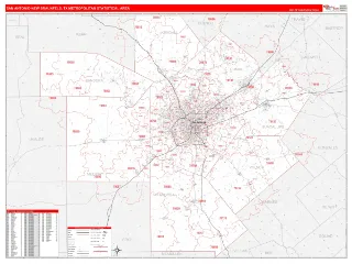 San Antonio-New Braunfels Metro Area RedLine style ZIP Code wall map