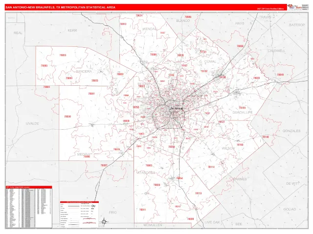 San Antonio-New Braunfels Metro Area ZIP Code Wall Map, RedLine style
