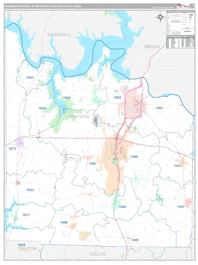 Sherman-Denison Metro Area ZIP Code Wall Map, Classic style