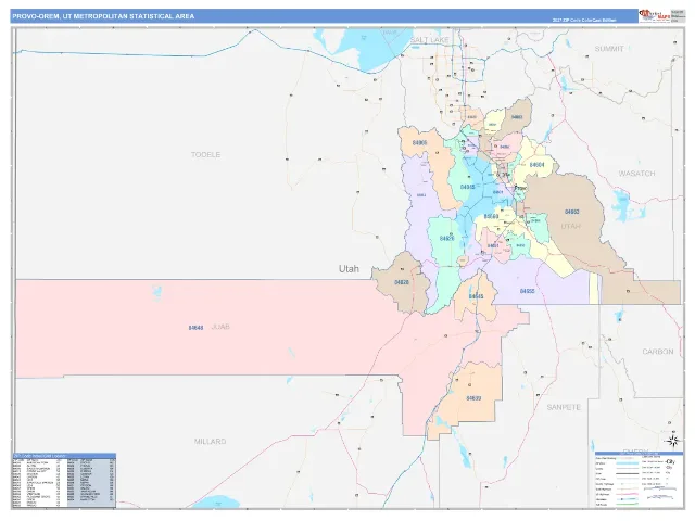 Provo-Orem Metro Area ZIP Code Wall Map, ColorCast style
