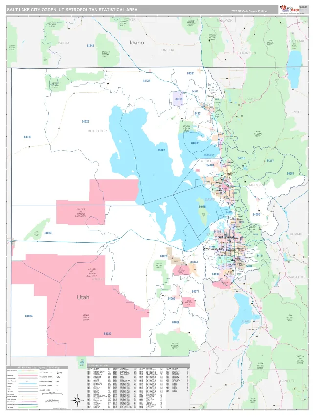 Salt Lake City Metro Area ZIP Code Wall Map, Classic style