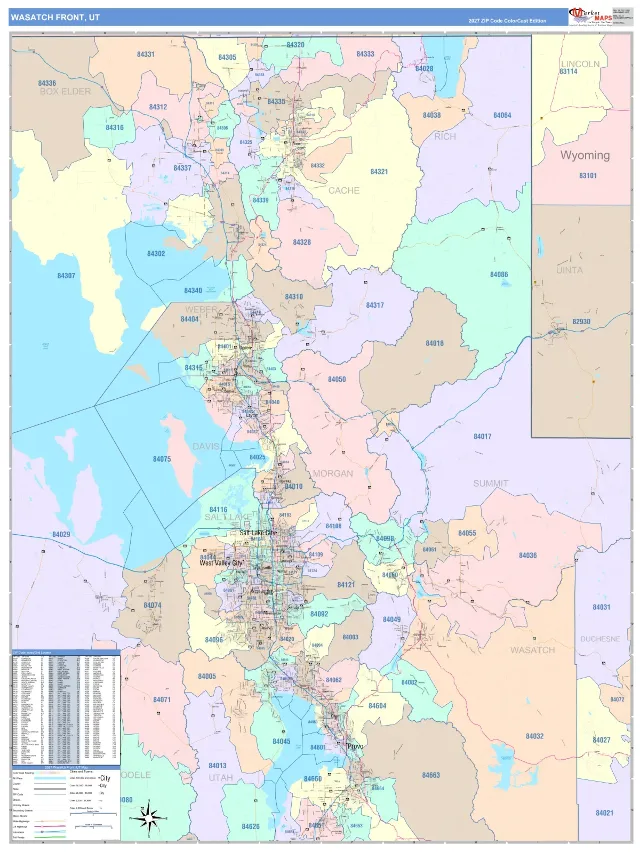 Wasatch Front Metro Area ZIP Code Wall Map, ColorCast style