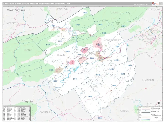 Blacksburg-Christiansburg-Radford Metro Area ZIP Code Wall Map, Classic style