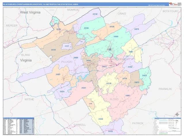Blacksburg-Christiansburg-Radford Metro Area ZIP Code Wall Map, ColorCast style