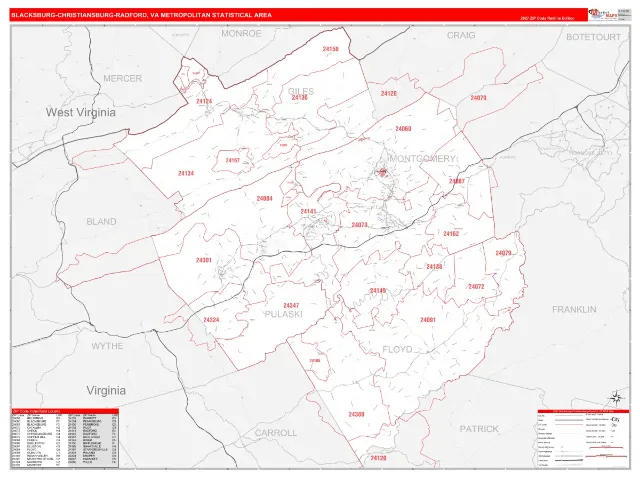 Blacksburg-Christiansburg-Radford Metro Area ZIP Code Wall Map, RedLine style