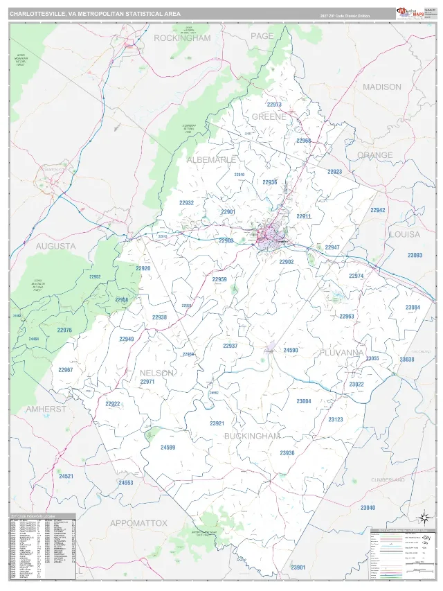 Charlottesville Metro Area ZIP Code Wall Map, Classic style