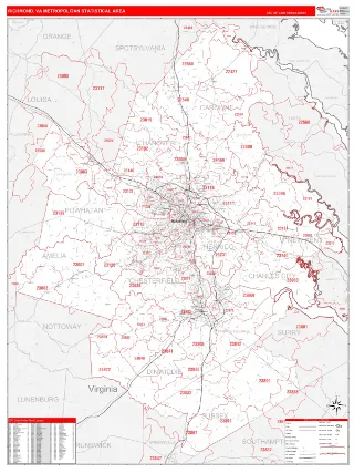 Richmond Metro Area RedLine style ZIP Code wall map
