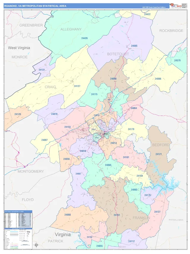 Roanoke Metro Area ZIP Code Wall Map, ColorCast style