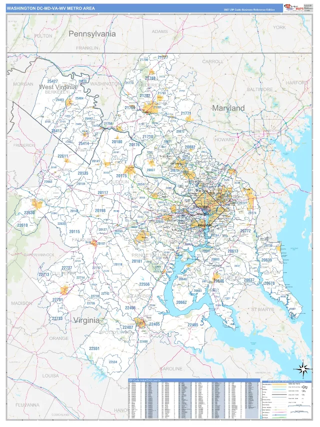 Washington Metro Area ZIP Code Wall Map, Business Reference style