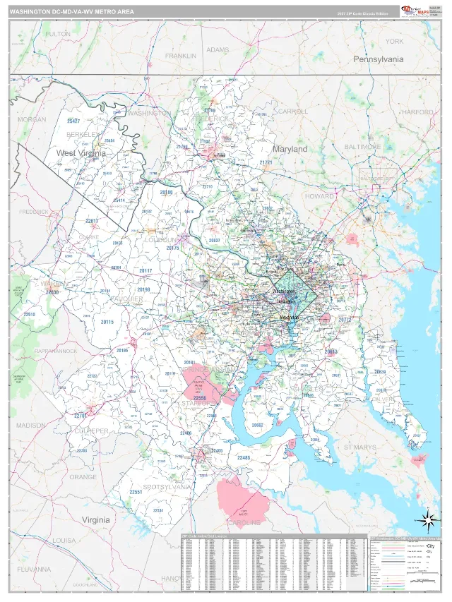 Washington Metro Area ZIP Code Wall Map, Classic style