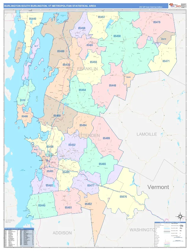 Burlington-South Burlington Metro Area ZIP Code Wall Map, ColorCast style
