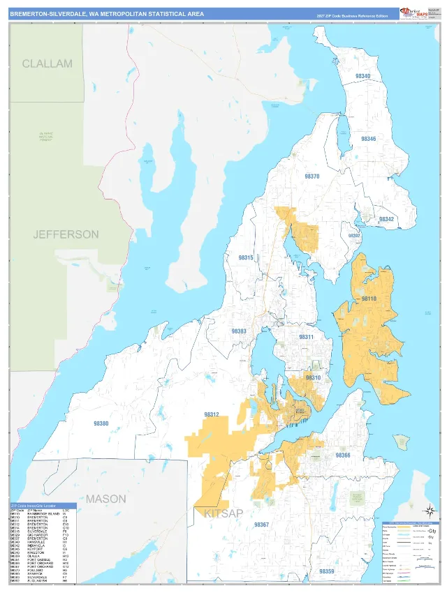 Bremerton-Silverdale Metro Area ZIP Code Wall Map, Business Reference style