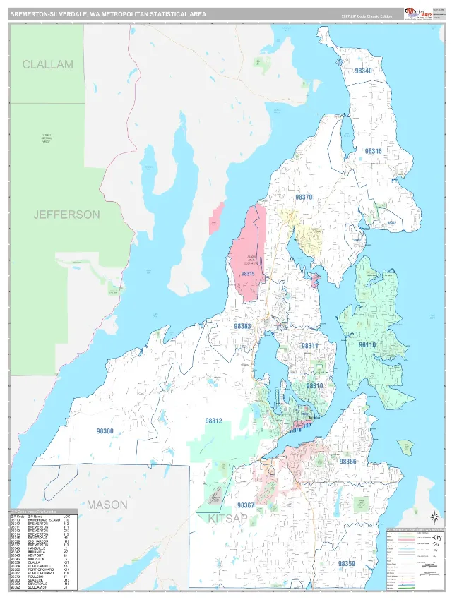Bremerton-Silverdale Metro Area ZIP Code Wall Map, Classic style