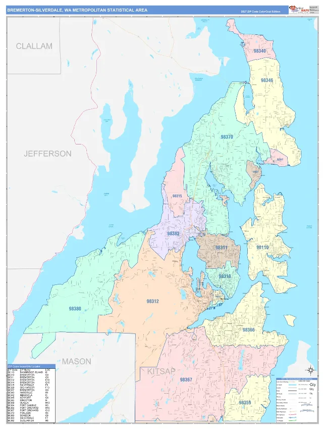 Bremerton-Silverdale Metro Area ZIP Code Wall Map, ColorCast style
