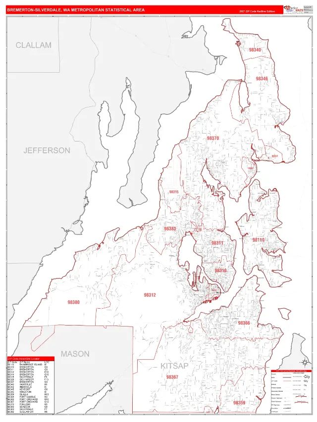 Bremerton-Silverdale Metro Area ZIP Code Wall Map, RedLine style