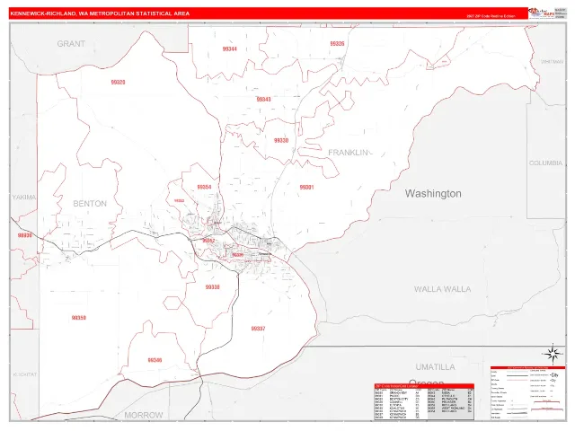 Kennewick-Richland Metro Area ZIP Code Wall Map, RedLine style