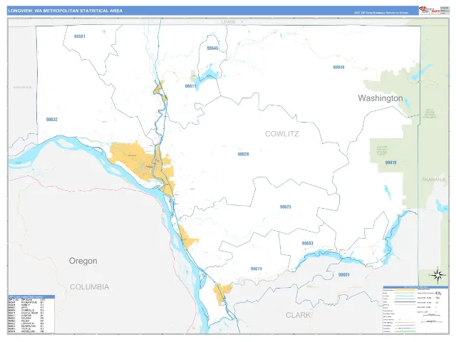 Longview Metro Area ZIP Code Wall Map, Business Reference style