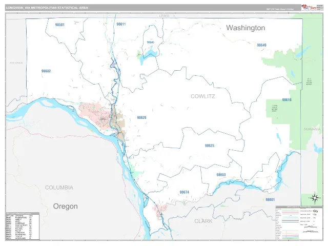 Longview Metro Area ZIP Code Wall Map, Classic style