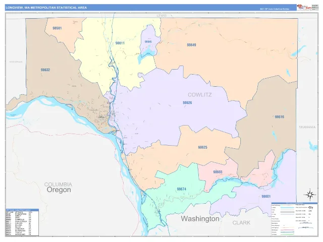 Longview Metro Area ZIP Code Wall Map, ColorCast style