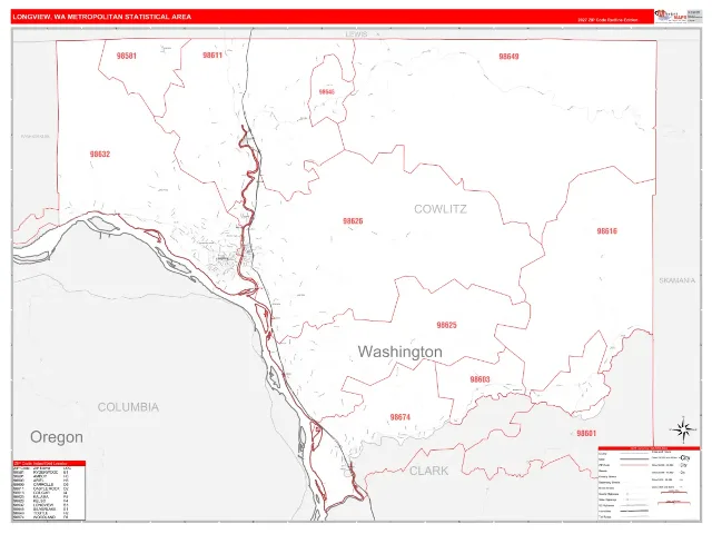 Longview Metro Area ZIP Code Wall Map, RedLine style