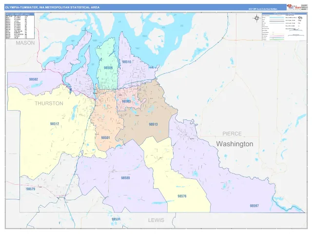 Olympia-Tumwater Metro Area ZIP Code Wall Map, ColorCast style