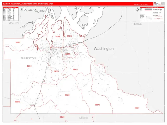 Olympia-Tumwater Metro Area ZIP Code Wall Map, RedLine style