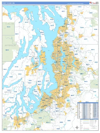 Puget Sound Metro Area Business Reference style ZIP Code wall map