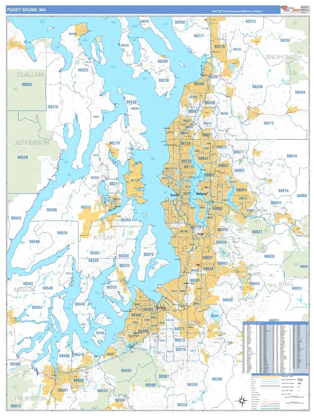 Puget Sound Metro Area ZIP Code Wall Map, Business Reference style