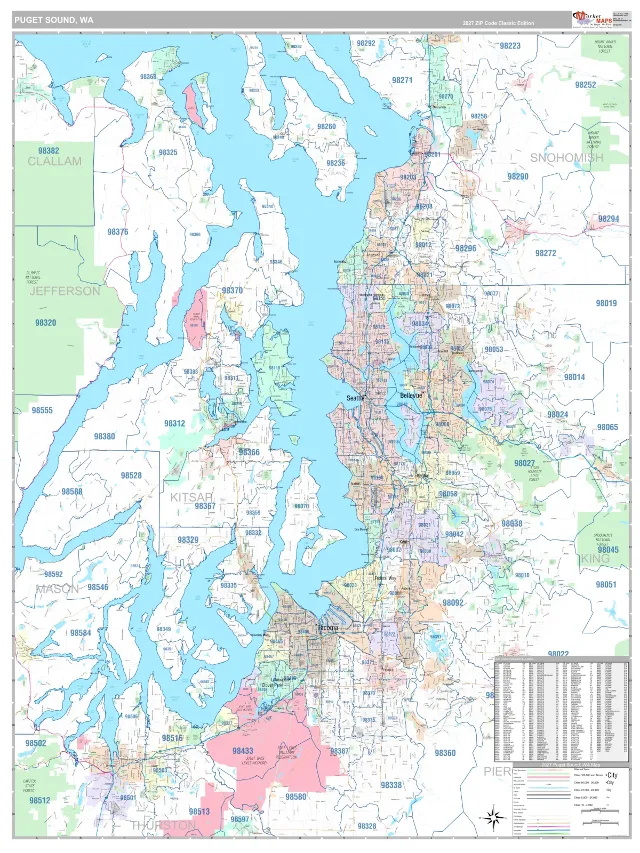 Puget Sound Metro Area ZIP Code Wall Map, Classic style