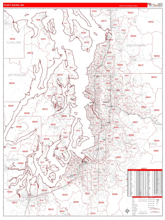 Puget Sound Metro Area ZIP Code Wall Map, RedLine style