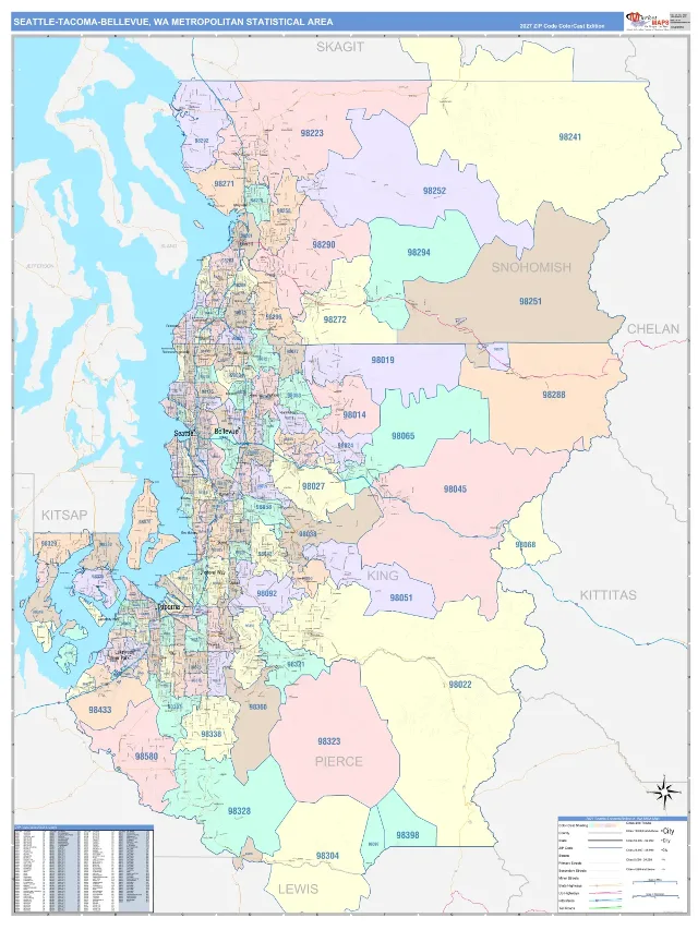 Seattle-Tacoma-Bellevue Metro Area ZIP Code Wall Map, ColorCast style