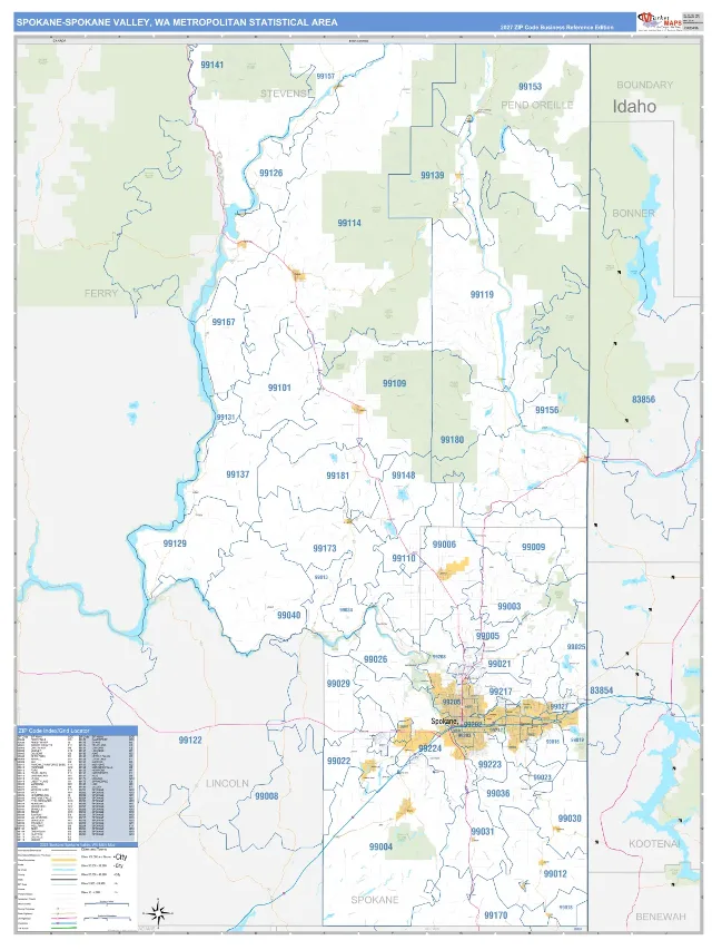 Spokane-Spokane Valley Metro Area ZIP Code Wall Map, Business Reference style