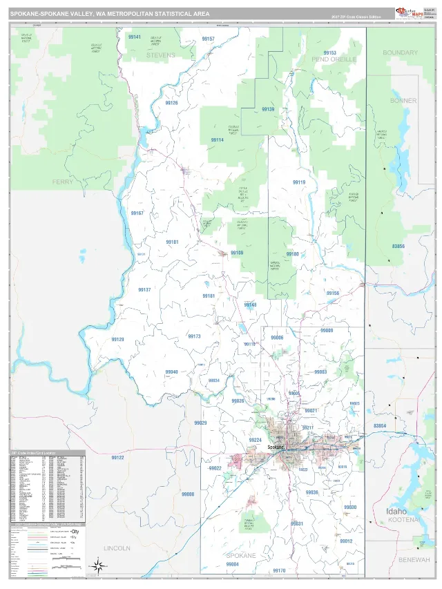 Spokane-Spokane Valley Metro Area ZIP Code Wall Map, Classic style