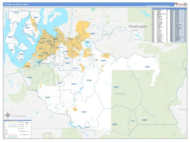 Tacoma Metro Area ZIP Code Wall Map, Business Reference style