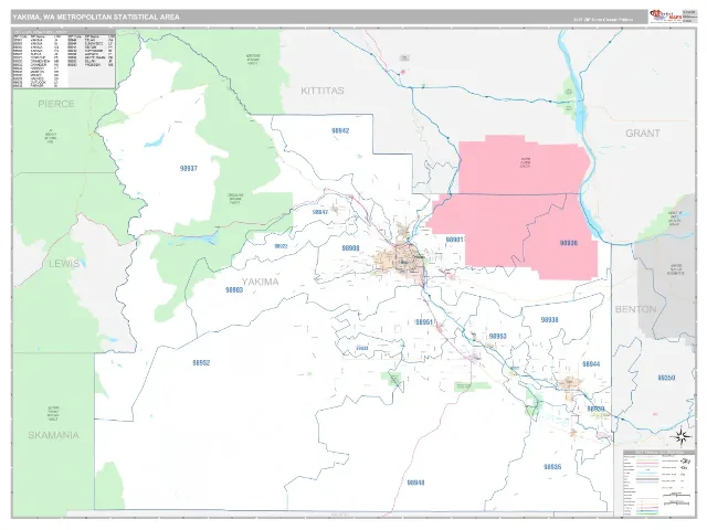 Yakima Metro Area ZIP Code Wall Map, Classic style