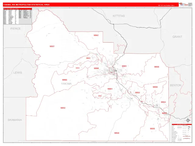 Yakima Metro Area ZIP Code Wall Map, RedLine style