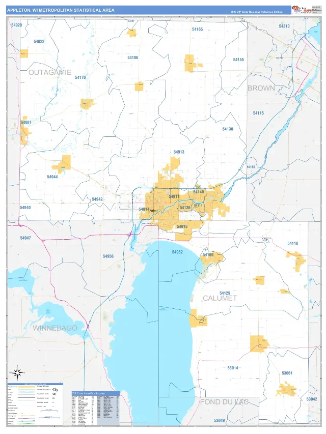Appleton Metro Area ZIP Code Wall Map, Business Reference style