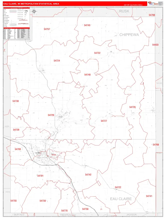 Eau Claire Metro Area ZIP Code Wall Map, RedLine style