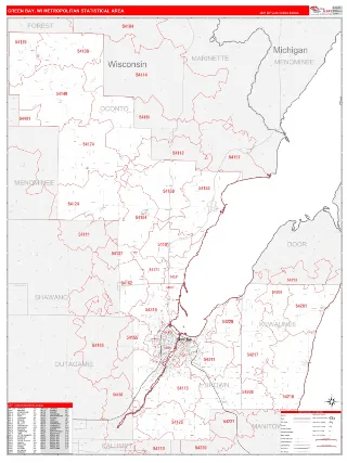 Green Bay Metro Area RedLine style ZIP Code wall map