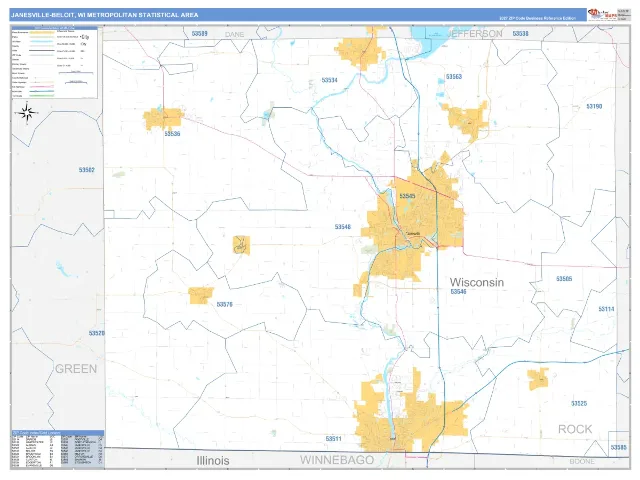 Janesville-Beloit Metro Area ZIP Code Wall Map, Business Reference style