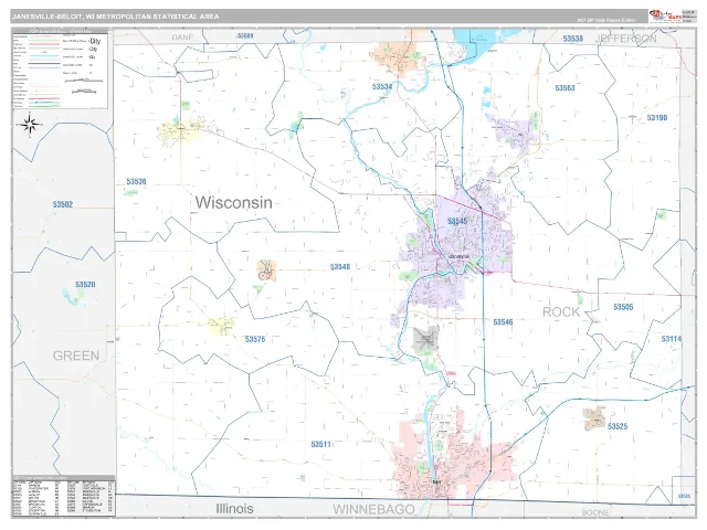 Janesville-Beloit Metro Area ZIP Code Wall Map, Classic style