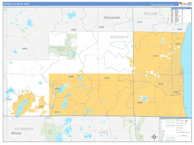 Kenosha Metro Area ZIP Code Wall Map, Business Reference style