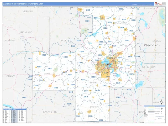 Madison Metro Area ZIP Code Wall Map, Business Reference style