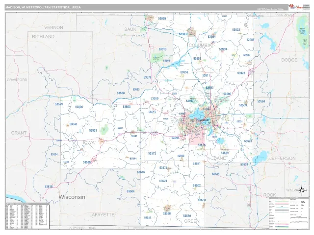Madison Metro Area ZIP Code Wall Map, Classic style