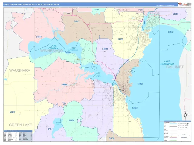 Oshkosh-Neenah Metro Area ZIP Code Wall Map, ColorCast style
