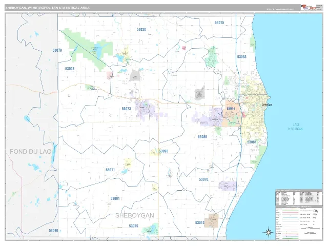 Sheboygan Metro Area ZIP Code Wall Map, Classic style