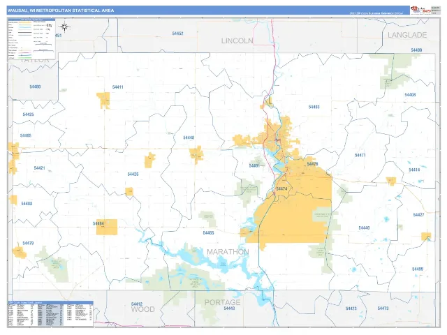 Wausau Metro Area ZIP Code Wall Map, Business Reference style